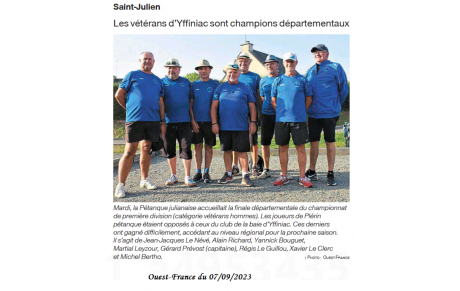 L'Equipe Vétéran Yffiniac 1 Championne départementale